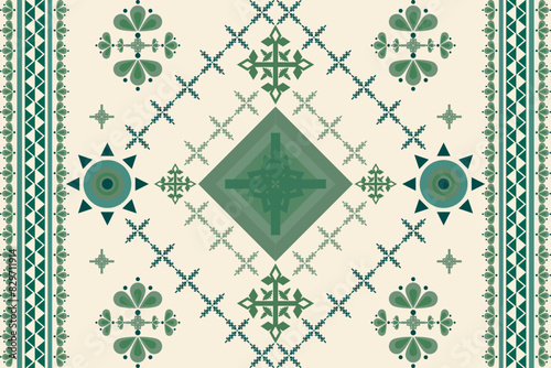 Ethnic green pastel geometric oriental traditional seamless on beige background pattern. Native Aztec style design for fabric, wallpaper, texture, textile, ornaments, embroidery  photo