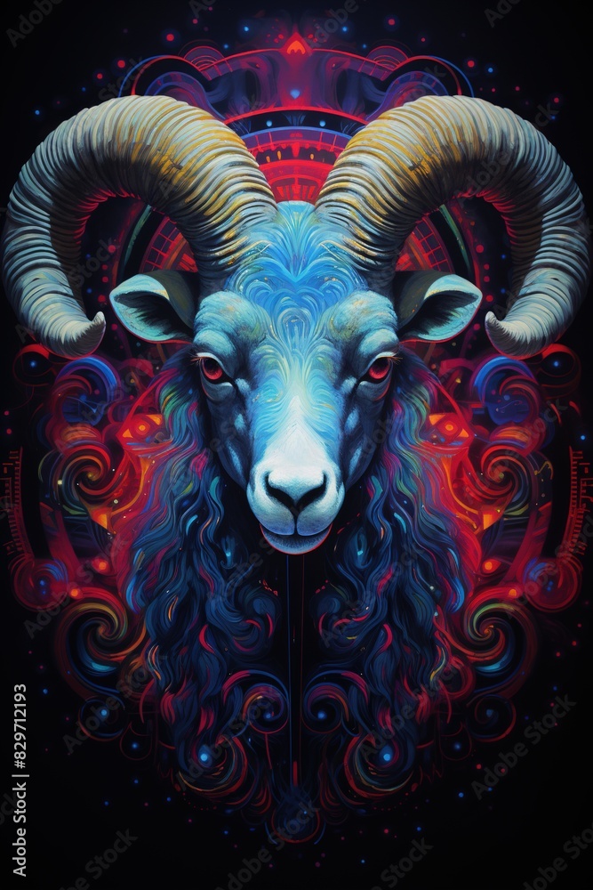 Sign of the zodiac Aries in vibrant, holographic colors. Mysticism with a touch of surrealism. Astrological sign ram on colorful background. Horoscope. Vertical picture.