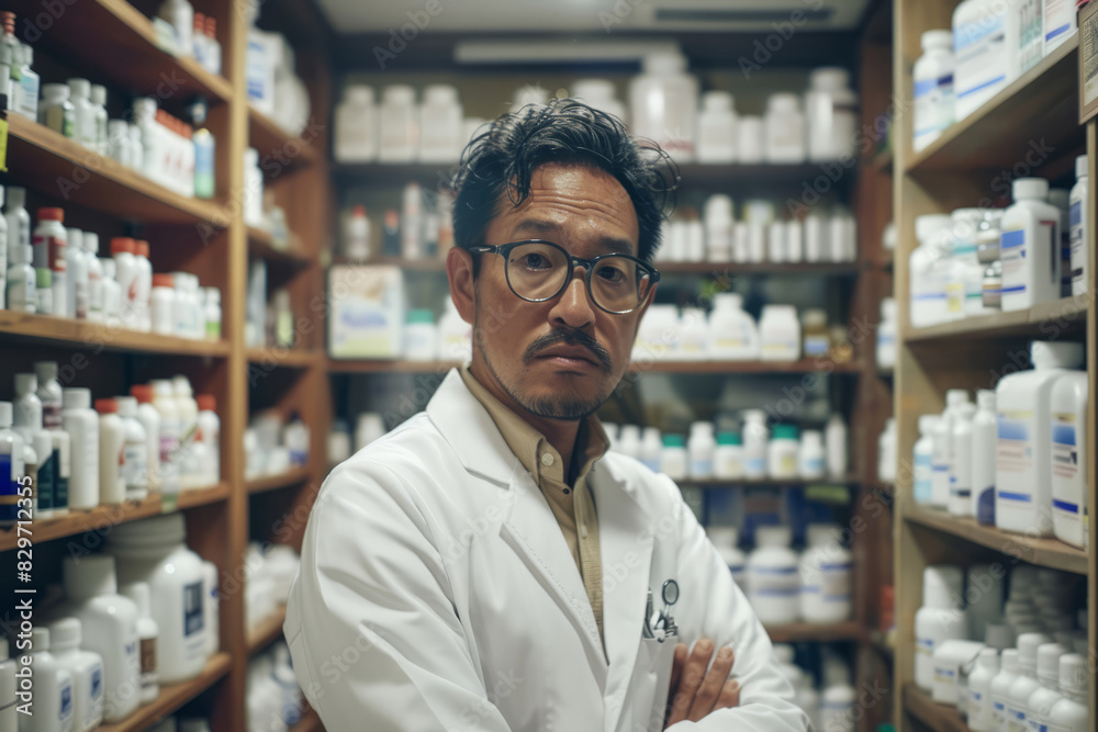 Confident pharmacist standing in a pharmacy with arms crossed