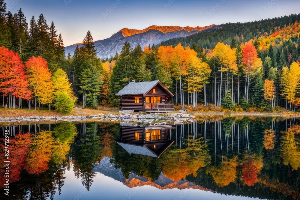 Lakeside getaway embraced by the serenity of autumn. A picturesque autumn landscape.
