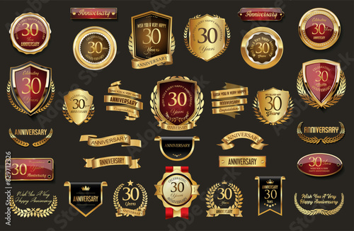 Collection of  Anniversary gold laurel wreath badges and labels vector illustration