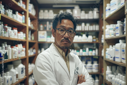Confident pharmacist standing in a pharmacy with arms crossed