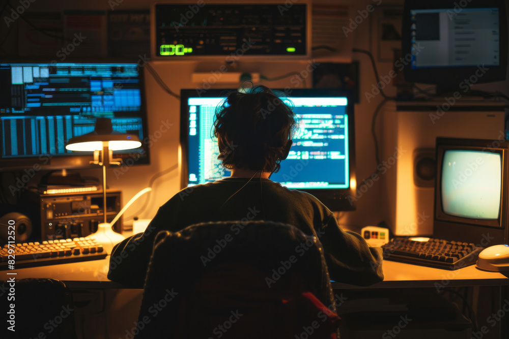 Programmer working late night in a dimly lit office Programmer working late night in a dimly lit office