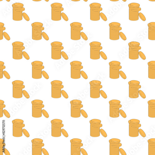 Seamless pattern of stacked golden coins. Wealth and financial stability endless background background. Vector outline illustration.