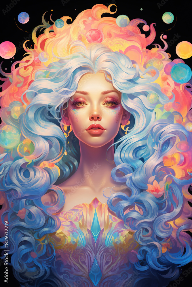 Sign of the zodiac Virgin in vibrant, holographic colors. Mysticism with a touch of surrealism. Astrological sign Virgo on dark background. Horoscope. Vertical format. Sign of the zodiac Virgin in vibrant, holographic colors. Mysticism with a touch of surrealism. Astrological sign Virgo on dark background. Horoscope. Vertical format.