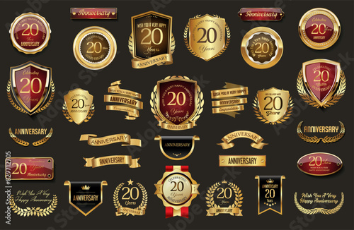 Collection of Anniversary gold laurel wreath badges and labels vector illustration