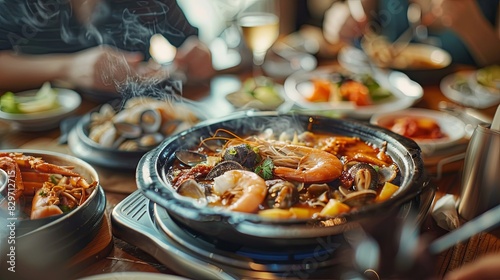 korean food on the table, seafood, hot food photo