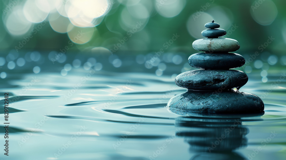 Zen pebble stack on serene water for meditation and balance Zen pebble stack on serene water for meditation and balance