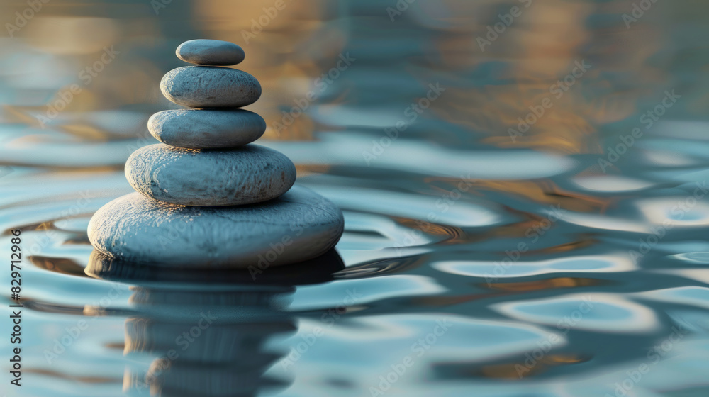 Zen stone stacks on serene water background at sunset