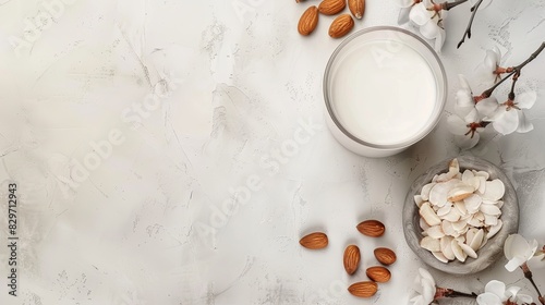 Glass with tasty almond milk on concrete background with copy space