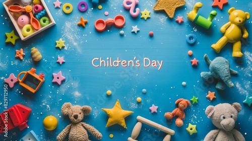 A background adorned with baby kids' toys within a blue frame, accented by the words "Children's Day." Ideal for conveying the spirit of a happy Children's Day celebration