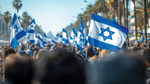 Multiple Israeli flags are held high in a crowd of attendees at a possibly national or political event