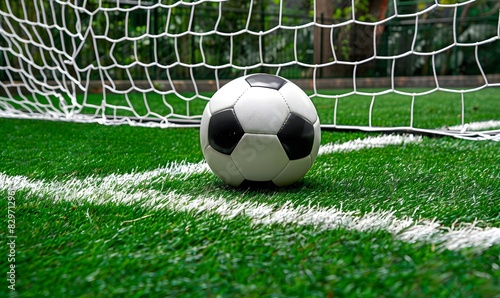 soccer ball in front of a goal net on green grass, Generative AI