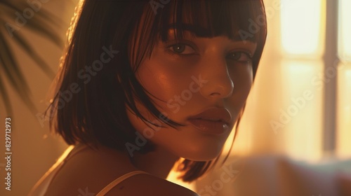 Graceful woman with straight bangs and a halter top, the room lit by warm, ambient light, ai generated photo