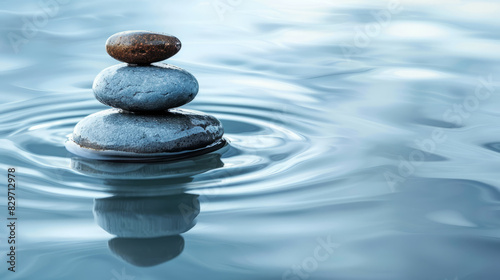 Stacked zen pebbles on serene water promoting tranquility