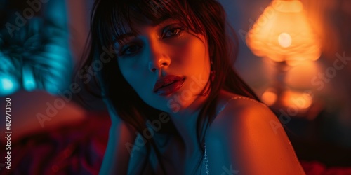 Graceful woman with straight bangs and a halter top, the room lit by warm, ambient light, ai generated photo