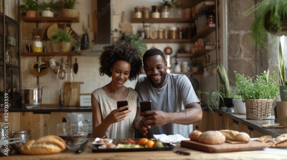 A happy couple engages with smartphones while cooking together in a well-equipped, modern kitchen A happy couple engages with smartphones while cooking together in a well-equipped, modern kitchen