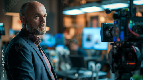Bearded man in a suit in a modern office with cameras.