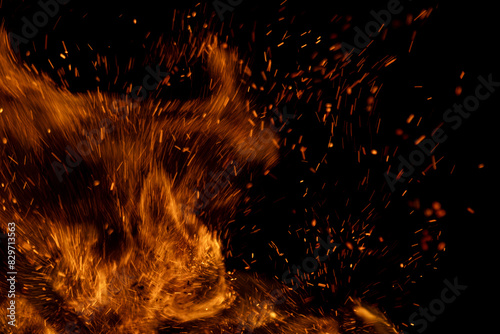 fire flame with sparks on black background.