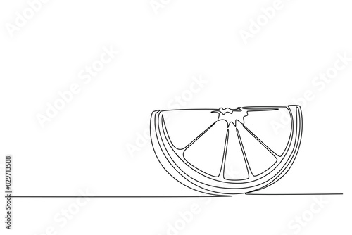 Continuous one line drawing of sliced healthy organic orange for orchard logo identity. Fresh splashed summer fruitage concept for fruit drink icon. Single line draw design vector graphic illustration