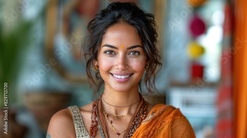 A radiant woman with bohemian accessories smiling warmly inside a colorful setting photo