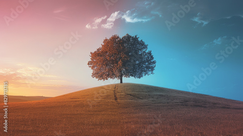 Lone tree on a hill under a vibrant sky with a gradient from sunset orange to twilight blue  showcasing nature s beauty and solitude.