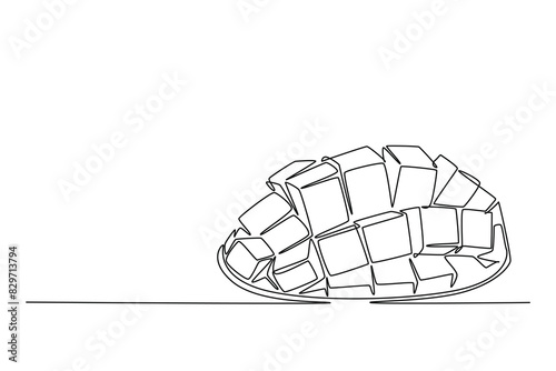 Single one line drawing of half sliced healthy organic mango for orchard logo identity. Fresh tropical fruitage concept for fruit garden icon. Continuous line draw design graphic vector illustration