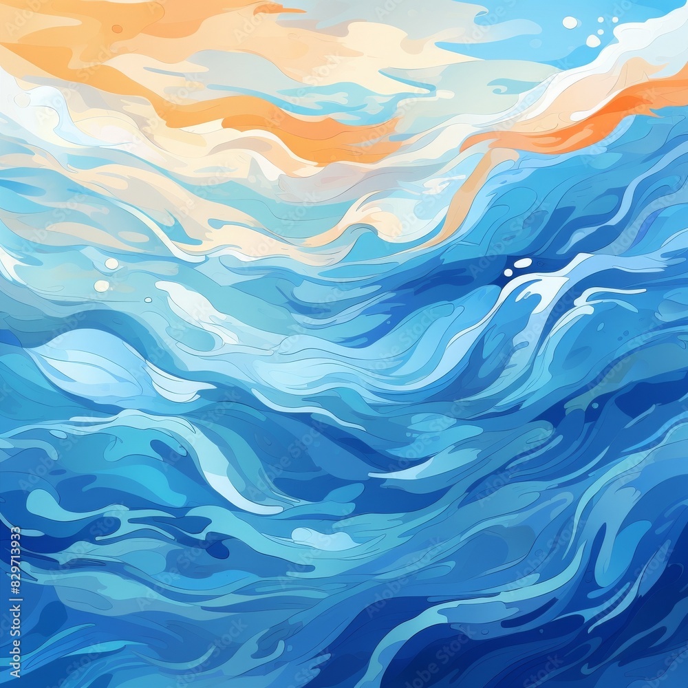 A vibrant abstract ocean painting with swirling blue waves and warm sunset tones, evoking a sense of movement and tranquility. A vibrant abstract ocean painting with swirling blue waves and warm sunset tones, evoking a sense of movement and tranquility.