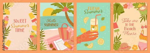 Collection of summer beach illustrations with sweet ice cream desserts, lemon drink, relaxing scenery and beach essentials for vector cards, background and posters