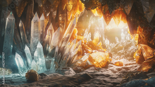 Stunning crystal cave illuminated by golden sunlight, showcasing sparkling geological formations and vibrant gemstone colors. photo