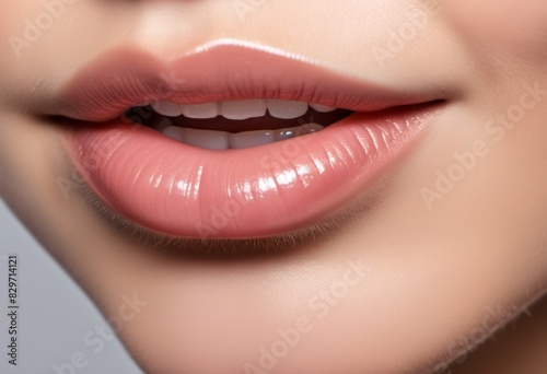 AI generated illustration of a woman's lips with pale pink lipstick and exposed natural teeth