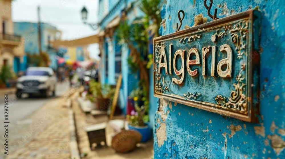 Blue rustic sign with Algeria inscription in an alleyway with vibrant surroundings invoking a cultural and exotic atmosphere