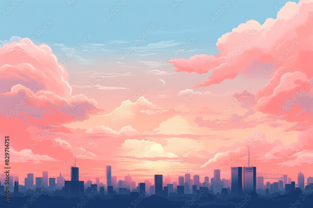 Fototapeta premium Beautiful urban skyline at sunrise with vibrant pink clouds and clear blue sky, perfect for backgrounds and artistic illustrations.