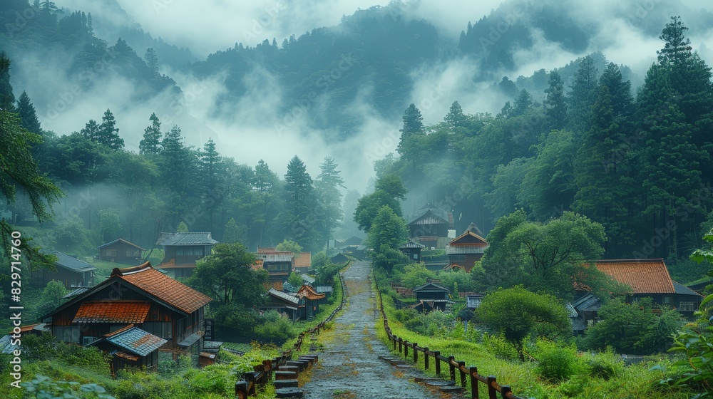 A serene mountain village scene shrouded in mist, showcasing traditional architecture among lush greenery