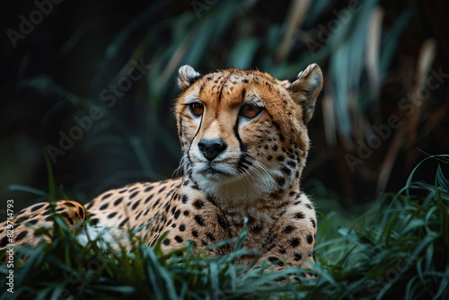 Cheetah lying in tall grass with watchful eyes. Wildlife nature photography
