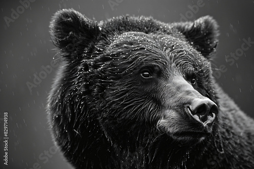 Black and white close-up of bear in rain. Monochrome wildlife portrait photography