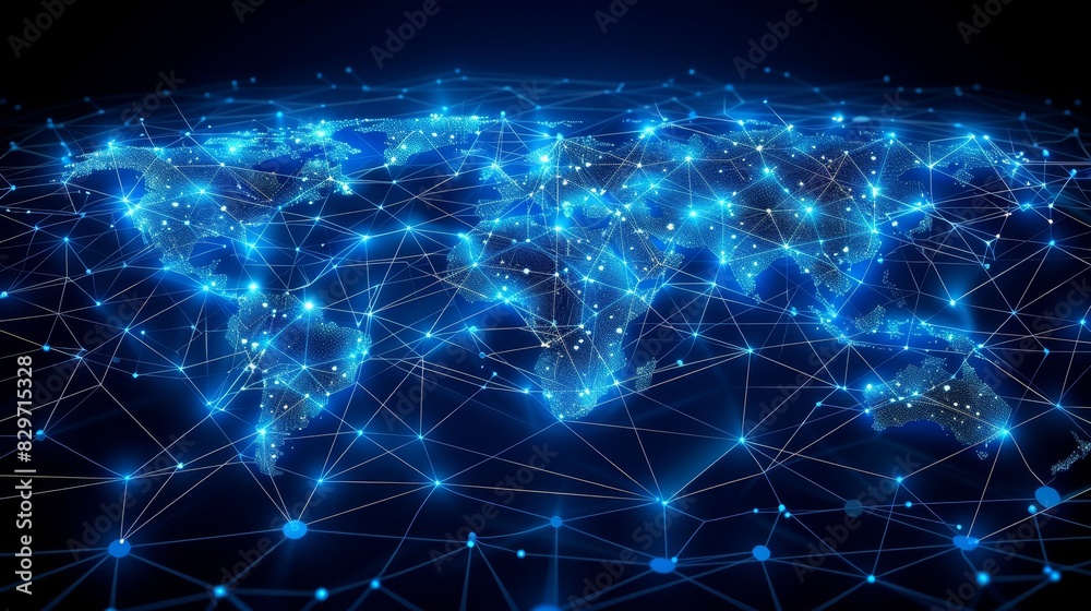 3D map of the world made from network lines and nodes, illustrating a global business strategy powered by technology 3D map of the world made from network lines and nodes, illustrating a global business strategy powered by technology