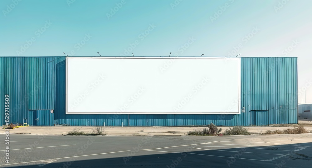  Industrial Building Billboard: Blank White Banner Against Modern Gray Wall