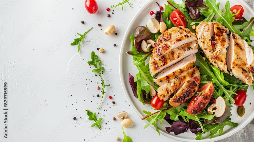 Chicken fillet with salad. Healthy food, keto diet, diet lunch concept. Top view on white background Chicken fillet with salad. Healthy food, keto diet, diet lunch concept. Top view on white background