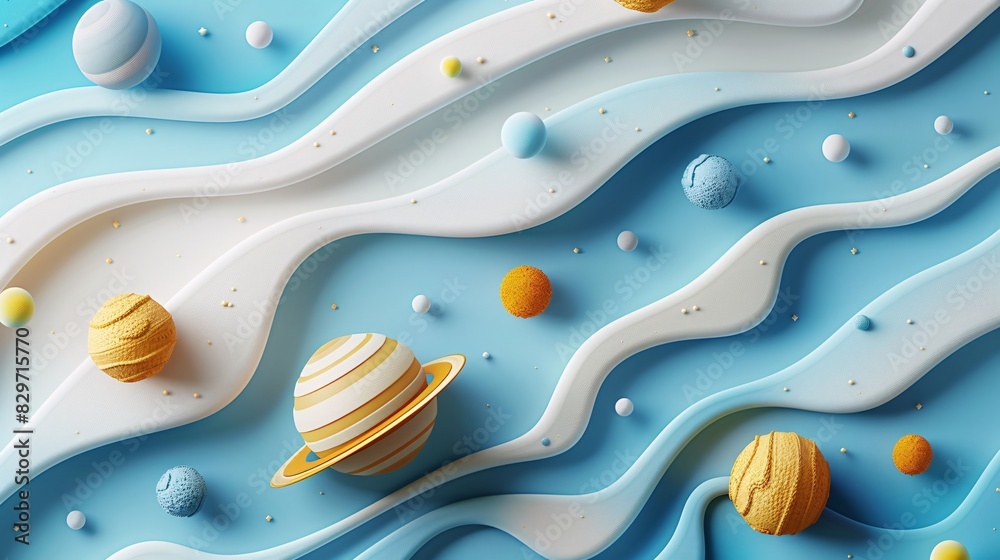 Naklejka premium Colorful 3D abstract space scene with planets and waves, elements in blue and white, creative digital background.
