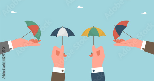 Protecting financial and economic position during stock market crash, stabilizing foreign currency, introducing financial instruments to increase income, fighting inflation, hands holding umbrellas. photo