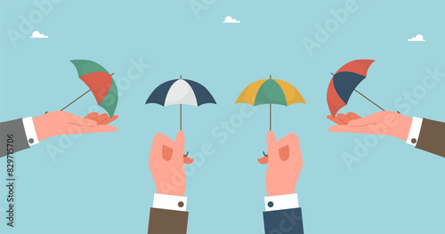 Protecting financial and economic position during stock market crash, stabilizing foreign currency, introducing financial instruments to increase income, fighting inflation, hands holding umbrellas.