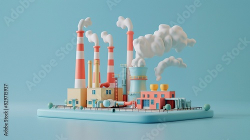 Colorful 3D rendering of a factory with smoke stacks, emitting clouds on a blue background, representing industrial production and pollution.