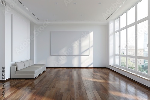 Bright spacious room with large windows  wooden floor  and a blank framed poster.