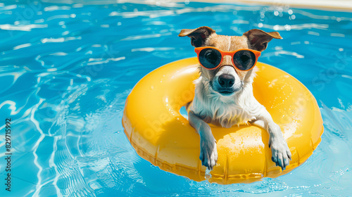 Dog wearing sunglasses in swimming ring in pool