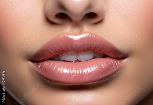 AI generated illustration of a woman's lips with light lipstick and visible natural teeth