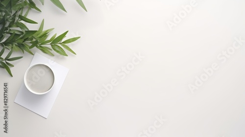 Top view of a cup of milk and green leaf isolated on white blank copy space background. photo