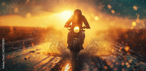 Motorcyclist Riding through Water on a Sunny Day with Splashes.