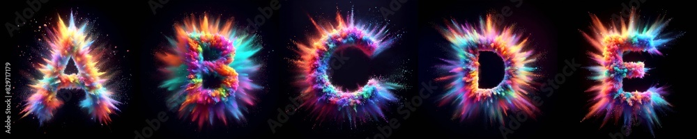 Vibrant colorful vibrant alphabet explosion burst with the letters A B C D E from the alphabet. Isolated against a black background. Creative celebration concept letters and numbers collection. Vibrant colorful vibrant alphabet explosion burst with the letters A B C D E from the alphabet. Isolated against a black background. Creative celebration concept letters and numbers collection.