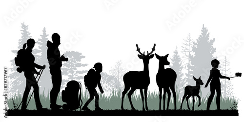 Family silhouettes. Father, mother and children met deer in the forest. Vector illustration